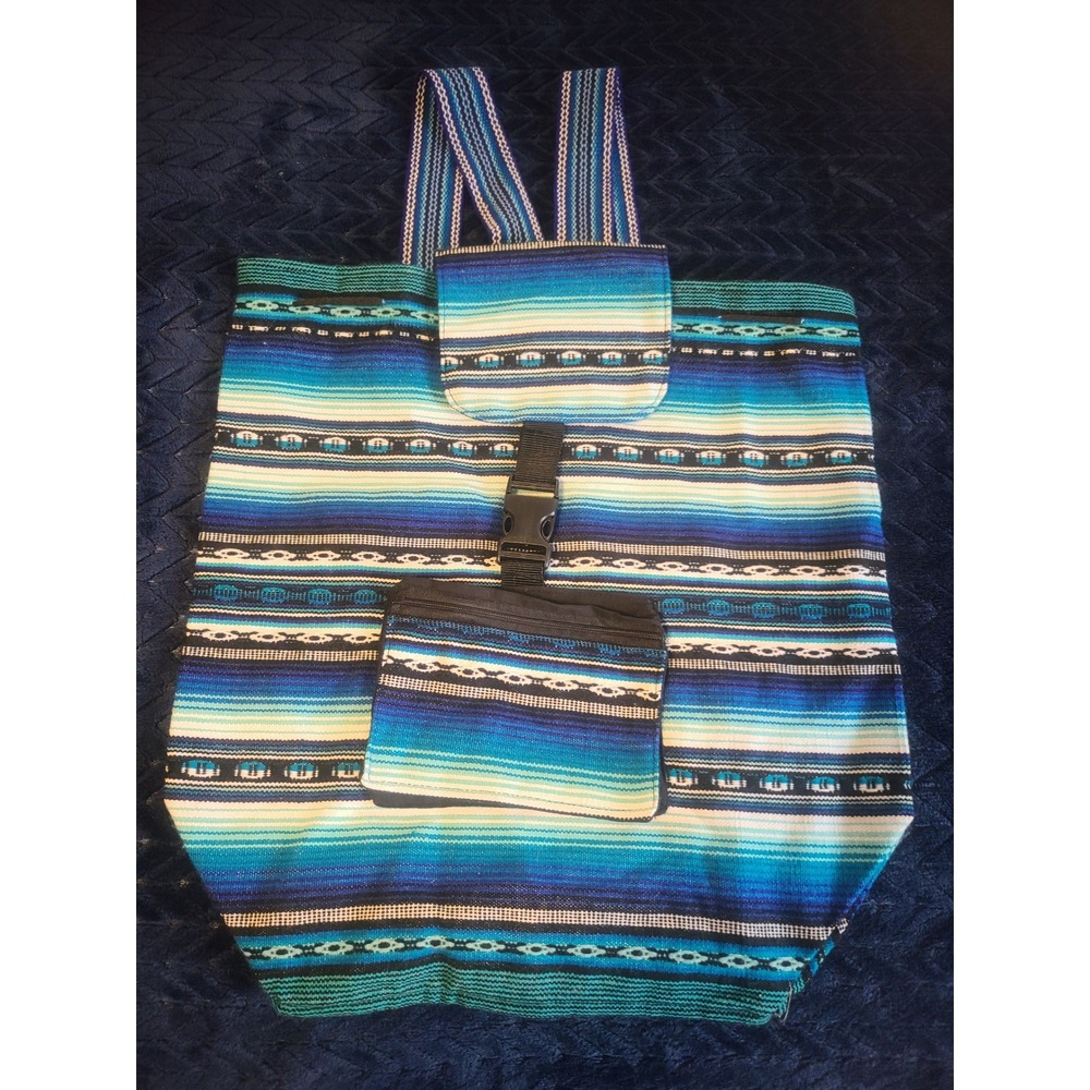 Baja Mexican Blanket Backpack Blue Striped Woven Boho Tote Bag Pouch Buckle new